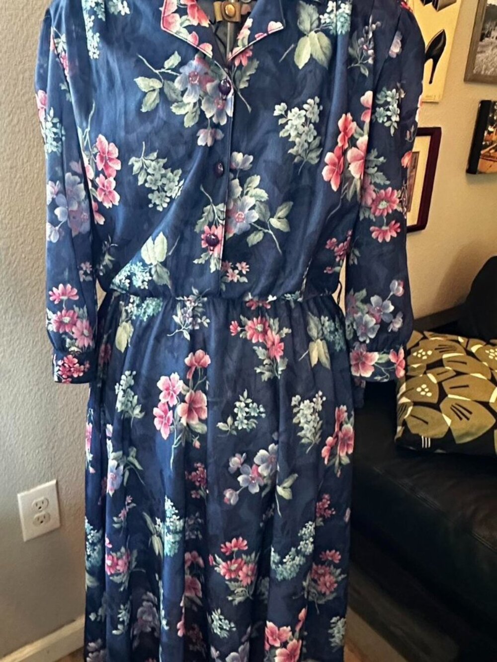 Vintage 70s "California Looks" dress in blue floral poly